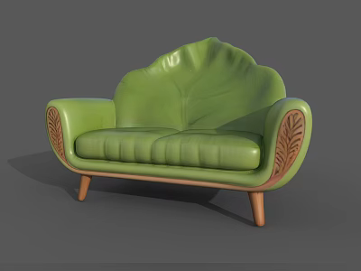 Green Leaf Inspired Irregular Shaped Sofa With Leaf Patterned Armrests And Wooden Legs 3d model