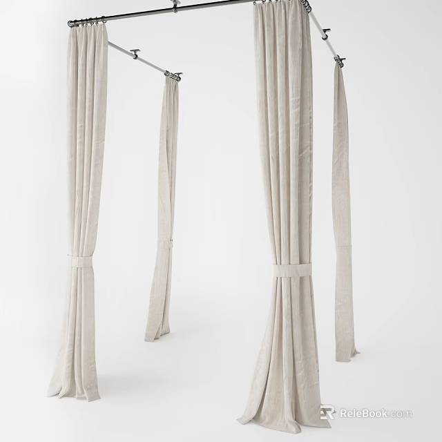Beige Linen Bed Canopy Design With Hanging Rod And Tieback For Bedroom Decor 3d model 