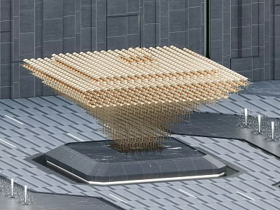 Modern Golden Stacked Cube Sculpture In Plaza With Gray Ground And Building 3d model