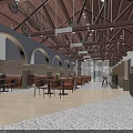 Warm Restaurant Interior With Wooden Ceiling Arched Doors Brick Walls Bar Counter And Pendant Lights