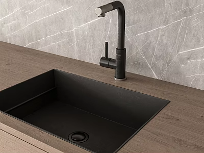 Black Modern Kitchen Sink With Tall Black Faucet On Wooden Countertop And Grey Textured Backsplash 3d model