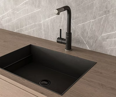 Black Modern Kitchen Sink With Tall Black Faucet On Wooden Countertop And Grey Textured Backsplash 3d model