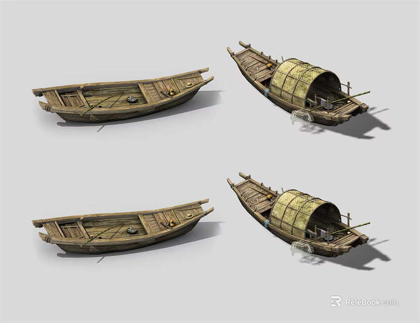 Traditional Wooden Boat With Bamboo Canopy And Vintage Handcrafted Structure Design 3d model 