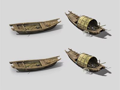 Traditional Wooden Boat With Bamboo Canopy And Vintage Handcrafted Structure Design 3d model