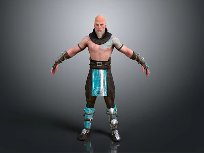 Bald Headed Bearded Tattooed Shirtless Warrior Game Movie Character With Blue Accent Pants And Armor 3d model