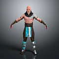 Bald Headed Bearded Tattooed Shirtless Warrior Game Movie Character With Blue Accent Pants And Armor
