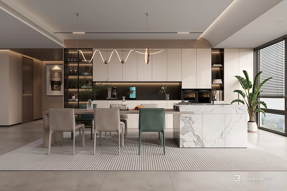 Modern Restaurant Interior Design With Marble Island Dining Table Green Plants And Cabinets 3d model 