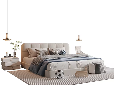 Upholstered Headboard Children's Bed With Blue Gray Bedding Nightstand Lamps And Toy Accents 3d model