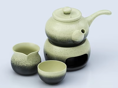 Modern Minimalist Ceramic Tea Set With Teapot Two Teacups And Speckled Green Gradient 3d model