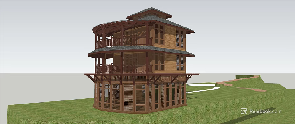 Two Story Wooden Vacation Rental Building with Balconies Terraces and Dark Roof in Grass Surrounding 3d model 