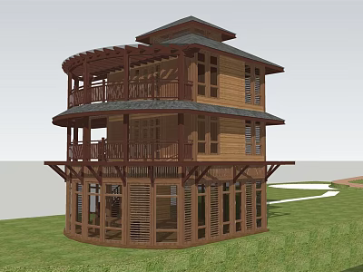 Two Story Wooden Vacation Rental Building with Balconies Terraces and Dark Roof in Grass Surrounding 3d model