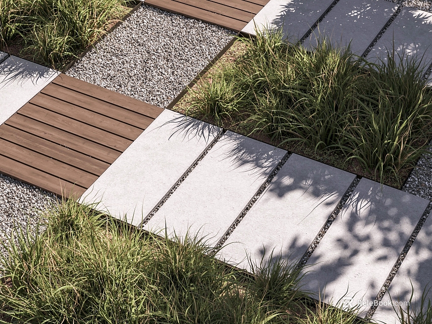 Garden Stepping Stones Path With Wooden Planks Stone Slabs Grass And Gravel 3d model 