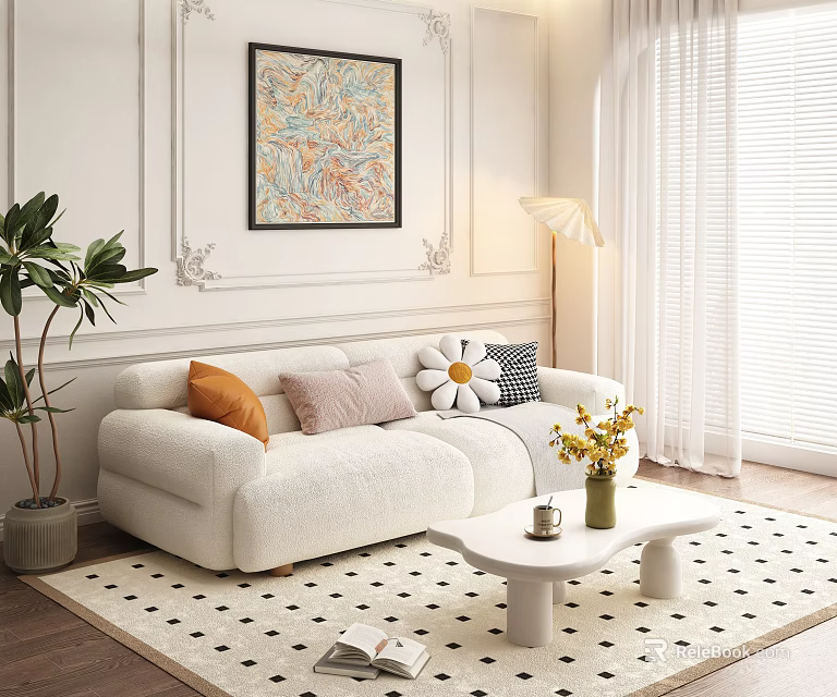 Cozy White Plush Sofa Coffee Table Set with Colorful Cushions and Living Room Decor 3d model 