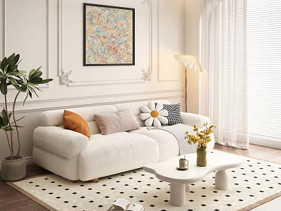 Cozy White Plush Sofa Coffee Table Set with Colorful Cushions and Living Room Decor 3d model