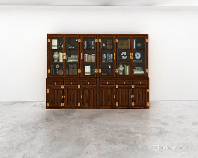 Classic Wooden Bookcase Interior Design With Glass Doors Drawers And Decorative Items 3d model 