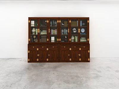 Classic Wooden Bookcase Interior Design With Glass Doors Drawers And Decorative Items 3d model