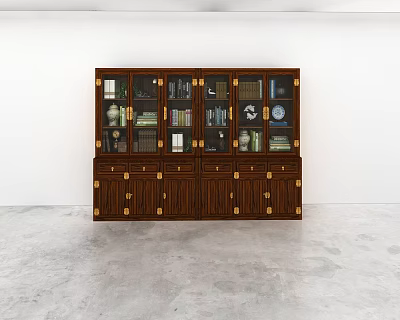 Classic Wooden Bookcase Interior Design With Glass Doors Drawers And Decorative Items 3d model