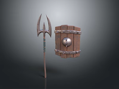 Ancient Combat Weapons Showcasing Trident With Metal Prongs And Wooden Shield With Metal Bands 3d model