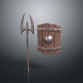 Ancient Combat Weapons Showcasing Trident With Metal Prongs And Wooden Shield With Metal Bands