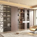Modern Wooden Bookcase With Glass Doors And Marble Accents In Living Room