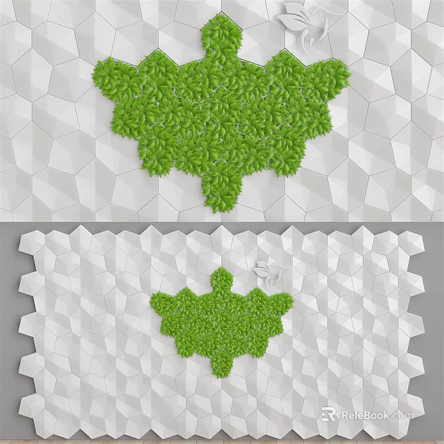 White Polygonal Background Wall Design With Green Plant Pattern And Texture 3d model 