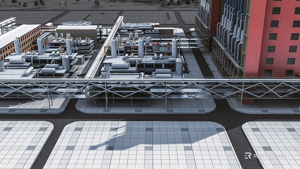 Industrial Factory Layout with Large Equipment and Metal Piping Structures 3d model 