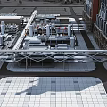 Industrial Factory Layout with Large Equipment and Metal Piping Structures