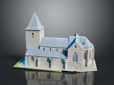 Detailed Miniature Stone Church Model With Spire Tower Arched Windows And Design 3d model