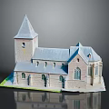 Detailed Miniature Stone Church Model With Spire Tower Arched Windows And Design