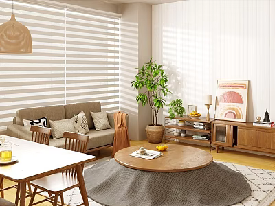 Stylish Blinds In Modern Living Room With Pendant Light Sofa And Round Rug 3d model