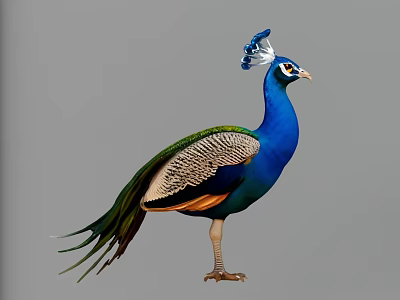 Vibrant Blue Peacock Lizard With Decorative Crest Standing On Gray Background 3d model