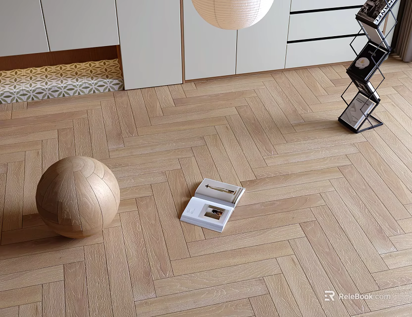 Light Colored Herringbone Wooden Floor With Wooden Sphere Open Book And White Cabinets 3d model 
