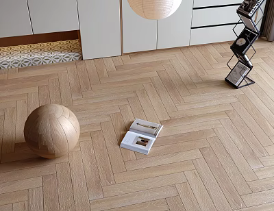 Light Colored Herringbone Wooden Floor With Wooden Sphere Open Book And White Cabinets 3d model