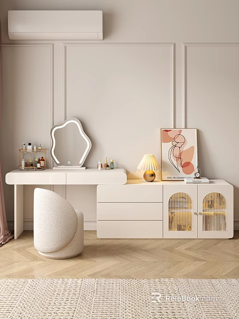 Elegant White Dressing Table With Scalloped Mirror Gold Lamp Artwork Drawers And Upholstered Chair 3d model 