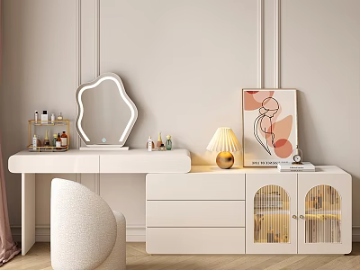 Elegant White Dressing Table With Scalloped Mirror Gold Lamp Artwork Drawers And Upholstered Chair 3d model