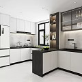 Modern Kitchen Interior With White Cabinets Black Island Glass Display Cabinets And Stone Countertops