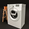 SAMSUNG Front Load Washing Machine With Wooden Step Stool And Orange Cans 3d model
