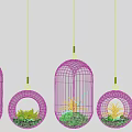 Multiple Hanging Transparent Glass Pendant Lights With Plants And Pink Flowers