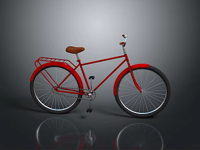 Classic Red Bicycle with Brown Seat and Rear Rack on Gray Background 3d model