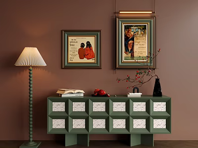Green Console Cabinet with White Decorative Drawers Wall Art Floor Lamp Vase and Books 3d model