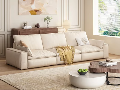 Cream Three Seater Sofa In Living Room With Throw Pillow Yellow Blanket And Coffee Table 3d model