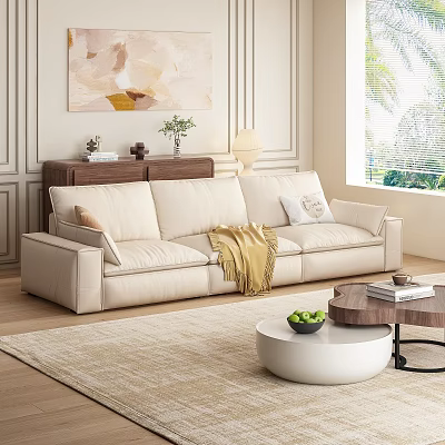 Cream Three Seater Sofa In Living Room With Throw Pillow Yellow Blanket And Coffee Table 3d model