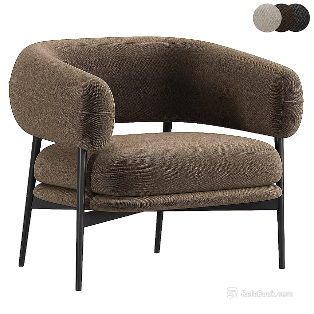 Modern Brown Upholstered Armchair with Rounded Arms and Black Metal Legs 3d model 