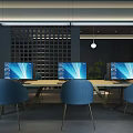 Modern Public Office Space Design With Long Table Blue Chairs Pendant Light And Green Plant