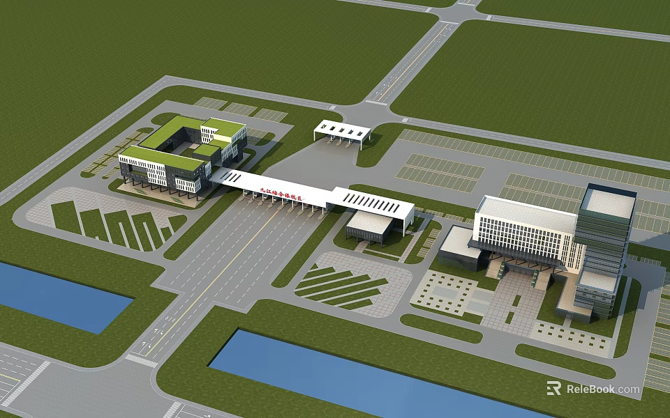 Modern Office Complex With Green Landscaping Connected Structures Parking Areas Roads And Water Features 3d model 