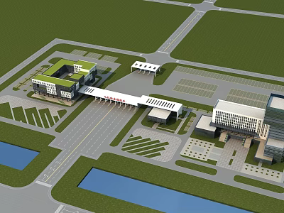 Modern Office Complex With Green Landscaping Connected Structures Parking Areas Roads And Water Features 3d model