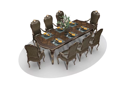 Elegant Dining Table Set with Eight Ornate Chairs and Floral Centerpiece Decoration 3d model