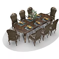 Elegant Dining Table Set with Eight Ornate Chairs and Floral Centerpiece Decoration
