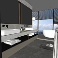 Modern Bathroom Vanity Design With Double Washbasins Marble Countertop Large Mirror And Pendant Lights