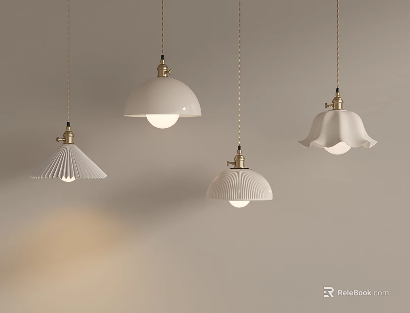 White Pendant Lights With Various Designs Hanging On White Wall 3d model 